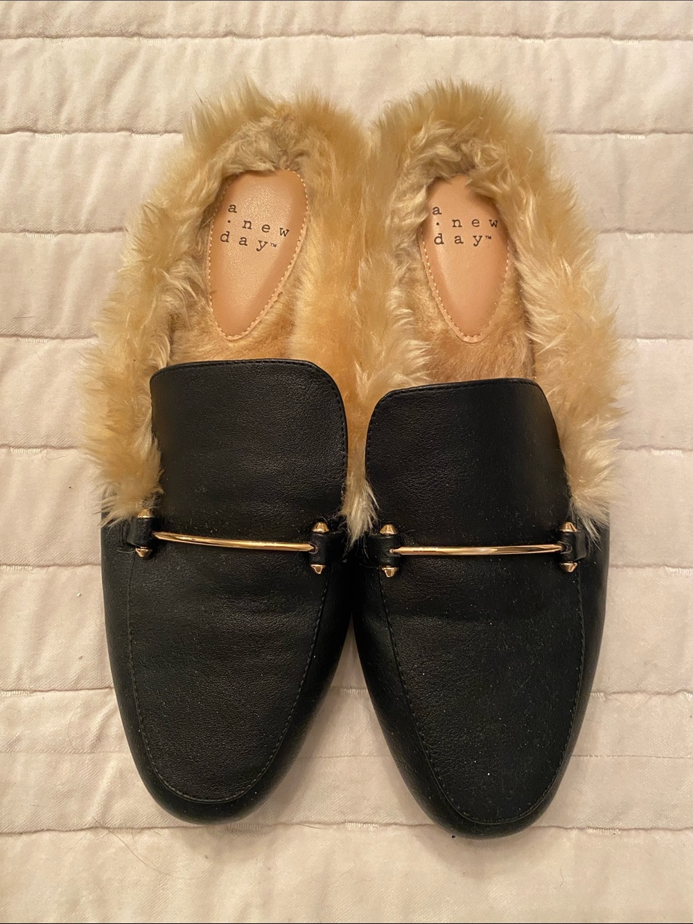 a new day Black Faux-Leather Fur-Lined Mules with Gold Buckle